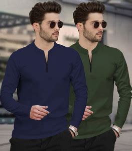 TRIPR Solid Men Mandarin Collar Navy Blue, Dark Green T-Shirt - Buy ...