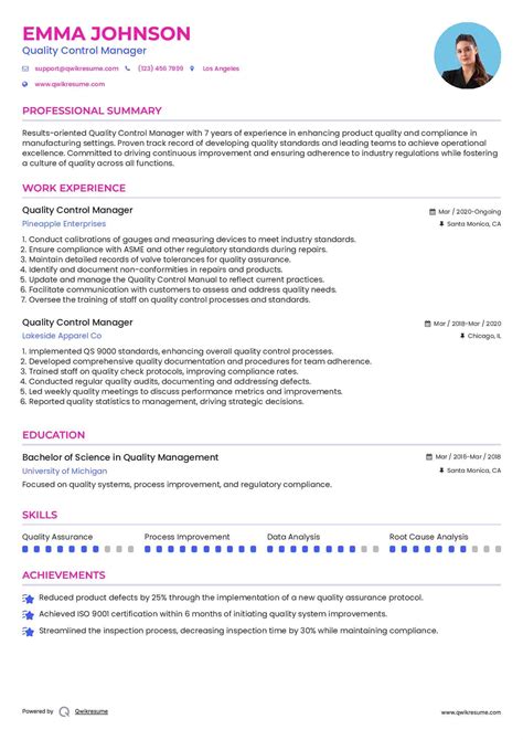 10+ Quality Control Manager Resume Samples & Templates for 2025