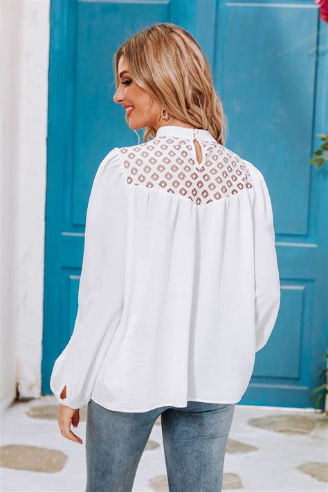 Long Sleeve Mock Neck Lace White Blouse