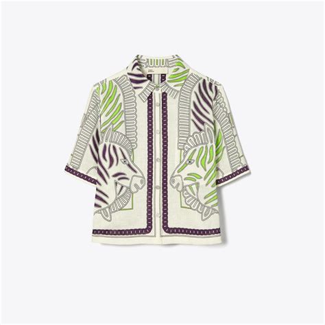 Printed Linen Camp Shirt: Women's Designer Coverups | Tory Burch