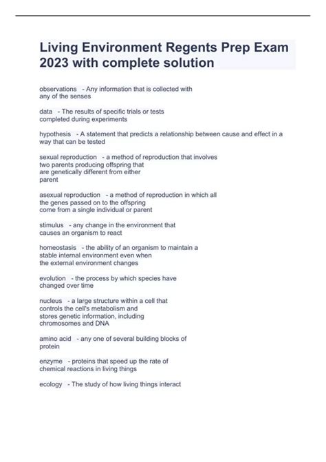 Living Environment Regents Prep Exam 2023 with complete solution - Living Environment Regents ...