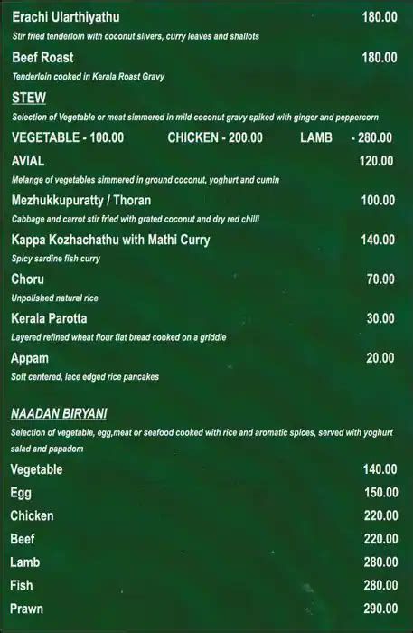 Menu at Rain Drops, Chennai