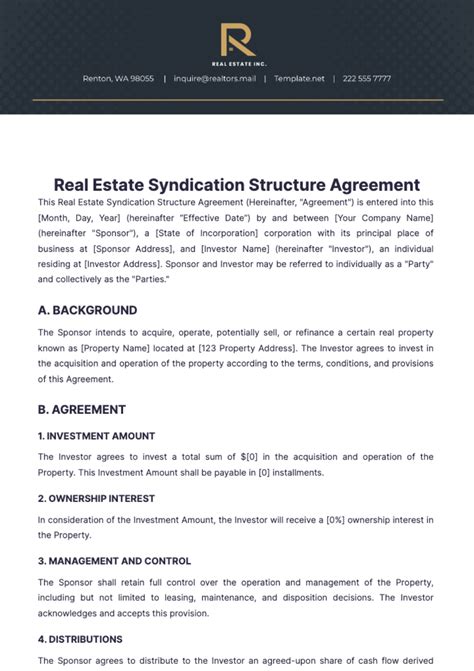 Free Real Estate Syndication Structure Agreement Template to Edit Online