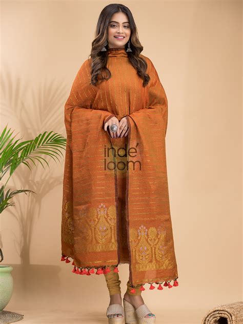 Burnt Orange Organic Linen 2-Piece Set Kurti & Dupatta (UNSTITCHED ...