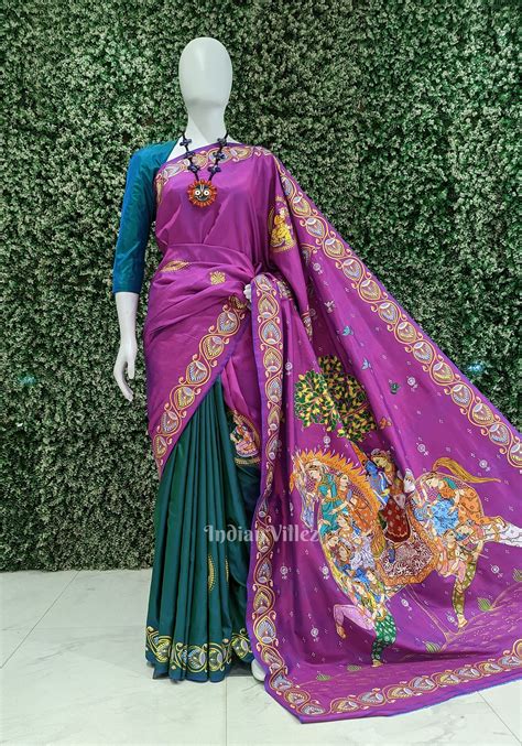 Purple Hand-Painted Kandarpa Ashwa (Horse) Pattachitra Saree – IndianVillèz