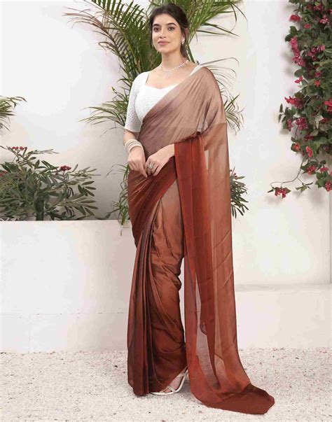 Ready To Wear Chestnut Brown Georgette Plain Saree – Sudathi