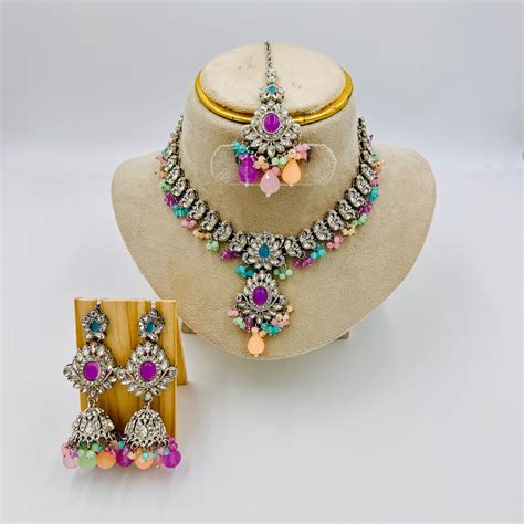 Silver-Plated Kundan Choker Necklace Set with Multicolor Beads, Jhumka ...