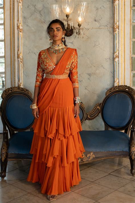 BURNT ORANGE 3 LAYER SAREE SET | The Mahal