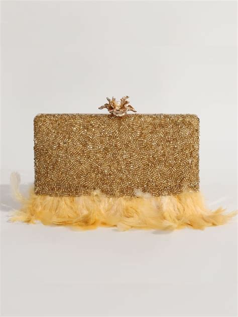 Daina Light Gold Hand Embroidered Feather Clutch