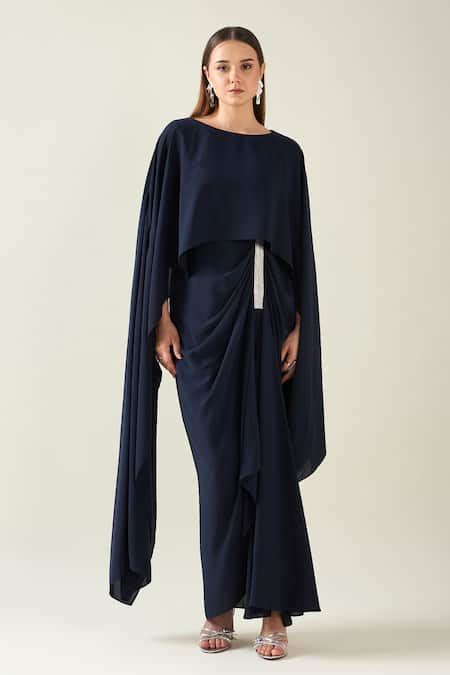 Buy Blue Modal Boat Neck Alloy Solid Draped Asymmetric Dress For Women ...