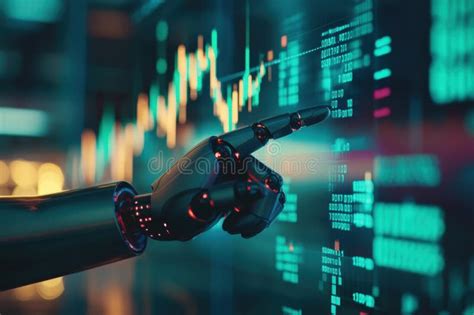 A robotic hand engaged with a laptop, illustrating stock market trends through data visualizations