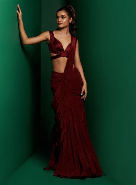 Dark Maroon Cross Body Blouse With Drape Saree & Embellished Cape – K&A ...
