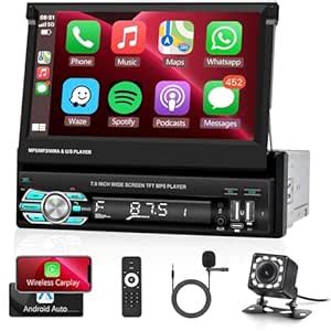 1DIN Wireless Apple & Android Auto, 7" HD Flipout Touch Screen Car ...