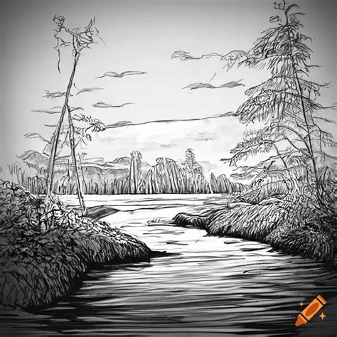 Black and white sketch of a river bed on Craiyon