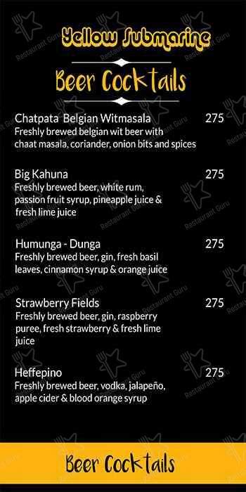 Menu at The Yellow Submarine, Bengaluru, Bannerghatta Road