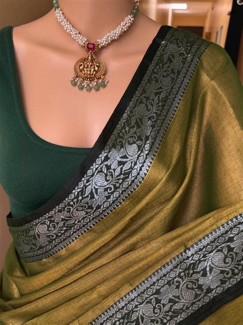 OLIVE GREEN TISSUE WITH OLIVE GREEN BORDER – Theja Couture