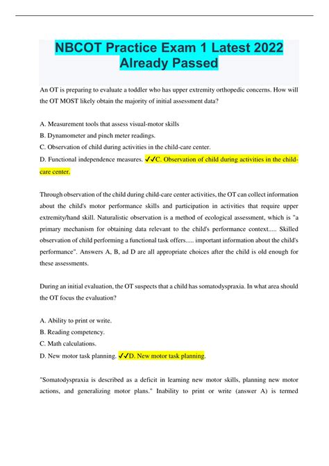 NBCOT Practice Exam 1 Latest 2022 Already Passed - NBCOT - Stuvia US