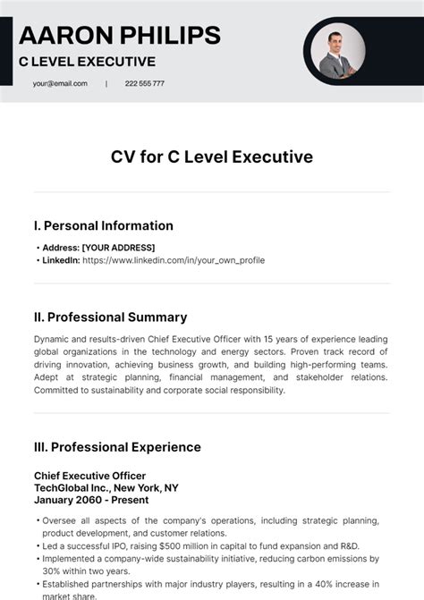 Free CV for C Level Executive Template to Edit Online