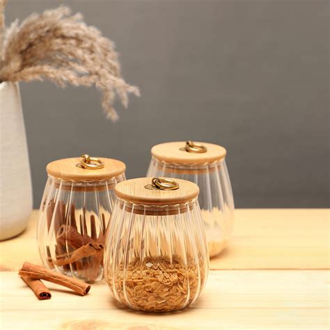 Buy Bonhomie Pack of 3 Textured Glass Jar with Lid Online