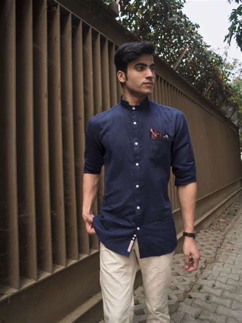 Indigo Cotton Linen Grandad Collar Slim Fit Shirt – Sprezz.in