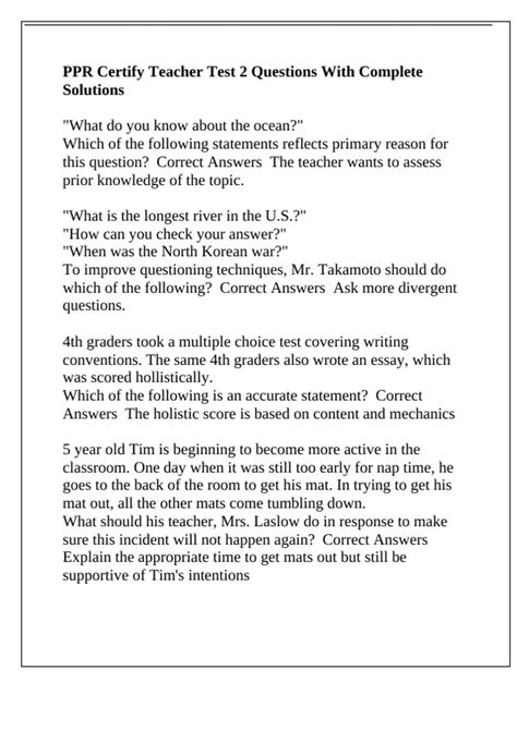 PPR Certify Teacher Test 2 Questions With Complete Solutions - PPR ...