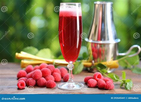 Framboise Lambic Beer in a Flute Glass, with Raspberries Around Stock ...