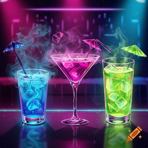 Three vibrant neon-colored cocktails, blue, pink, and green, with ice ...