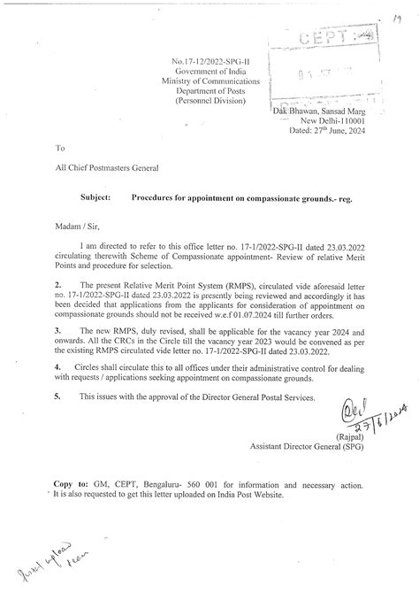 Procedures for appointment on compassionate grounds in Department of Posts