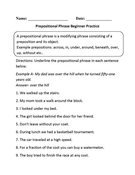 Prepositional Phrase Worksheets - Printable Grammar Worksheett