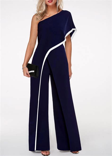 Navy Blue One Shoulder Contrast Trim Jumpsuit | Fashion romper ...