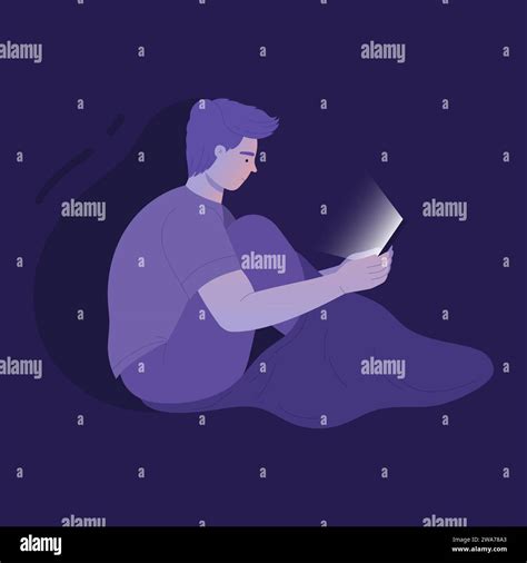 Boy suffering from insomnia. Sleeping problem, bad habit of using all night smartphone cartoon ...