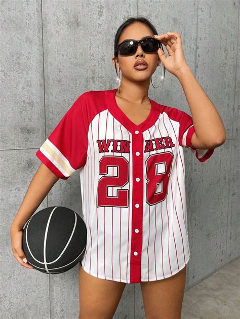 SHEIN SXY Striped & Letter Graphic Raglan Sleeve Shirt Football Shirt ...