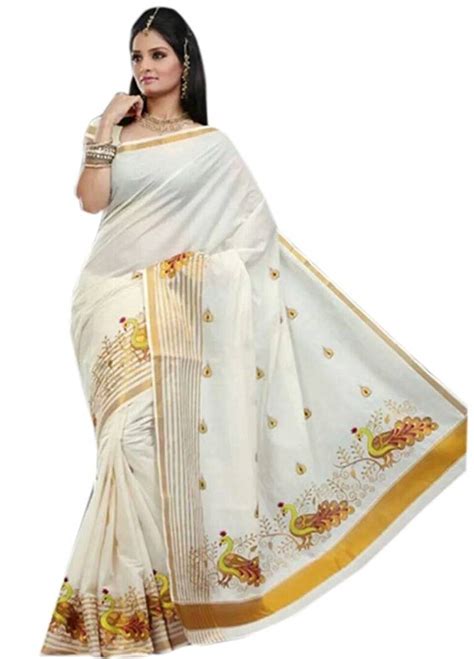 White Kerala Kasavu Cotton Saree With Blouse Piece – SVB Ventures