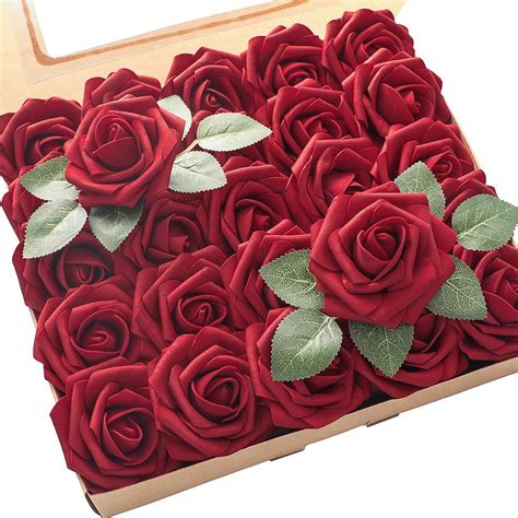 Buy Floroom Artificial Flowers 25pcs Real Looking Dark Red Fake Roses ...