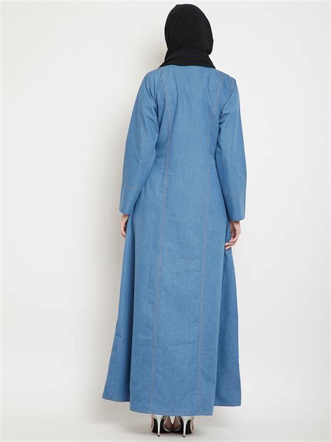 Nabia Women Blue Denim Abaya with 2 Patch Pockets with Georgette Scarf
