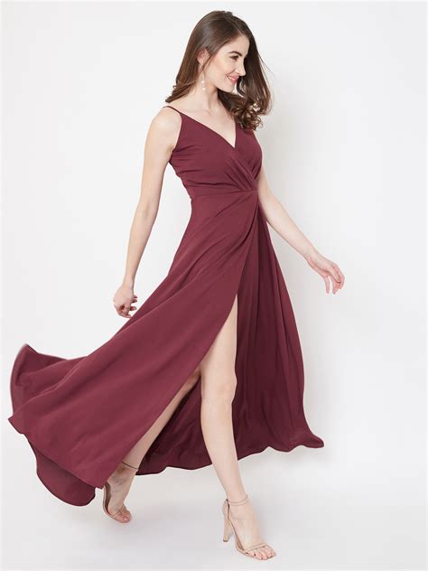 Women Solid Maroon V-Neck Sleeveless Crepe Thigh-High Slit A-Line Maxi ...