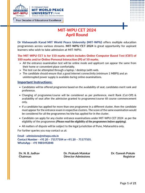 MIT WPU CET April Schedule 2024 | PDF | University And College ...