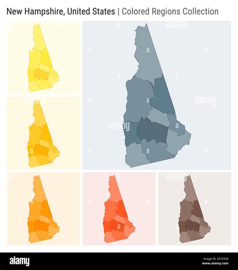 New Hampshire, United States. Map collection. State shape. Colored counties. Blue Grey, Yellow ...