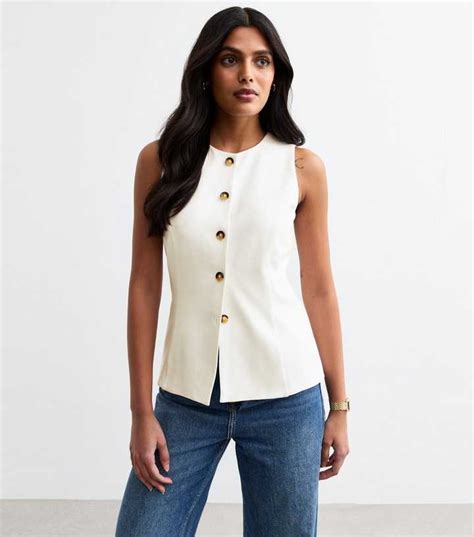 White Buttoned Crew Neck Ponte Waistcoat | New Look