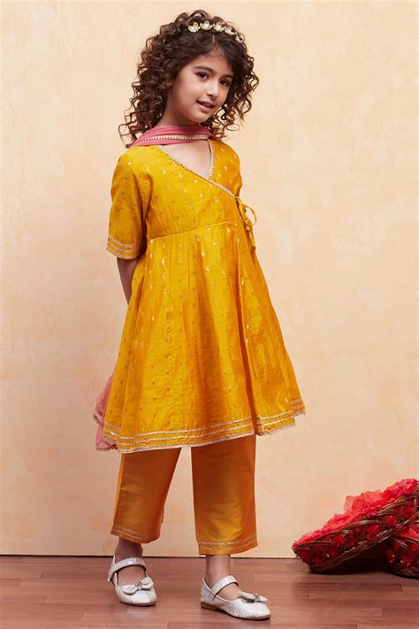 Buy Yellow Yarn Dyed Angrakha Anarkali Suit Set Online at Biba India