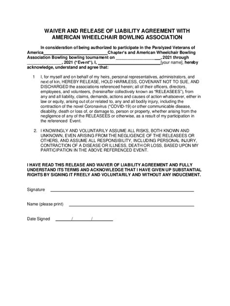 Fillable Online Waiver and Release of Liability for Bowling Tournament ...