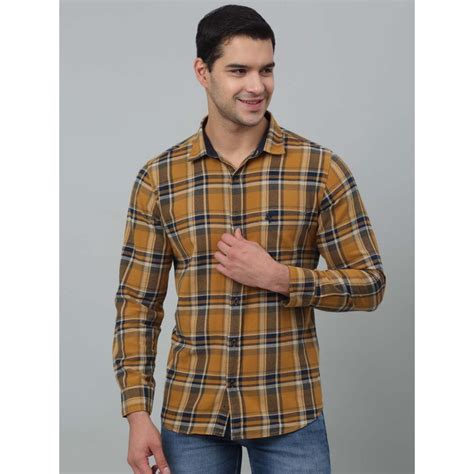 Buy Cantabil Men Mustard Checkered Spread Collar Casual Shirt Online