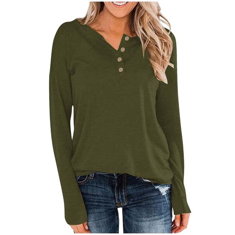 Womens Henley Tops Long Sleeve Cotton Shirts Thermal Pullover Casual ...