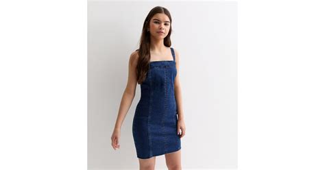 Girls Blue Denim Square Neck Mini Dress | New Look