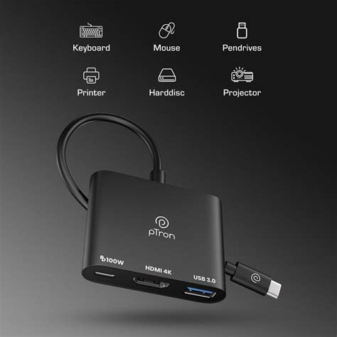 pTron Nexo 3 in 1 Type C to HDMI Adapter, Multiport USB C Hub with 4K ...