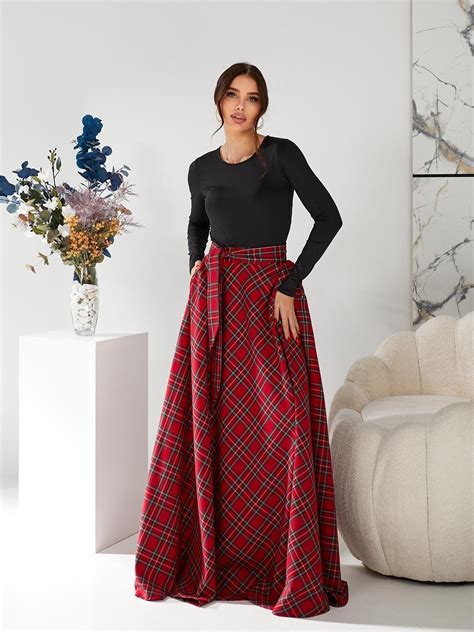 Red Tartan Long Skirt Flared Red Plaid Skirt With Pockets Christmas ...