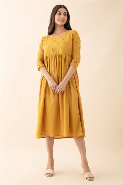 Floral Schiffli A-Line Dress - Mustard – Maybell Womens Fashion