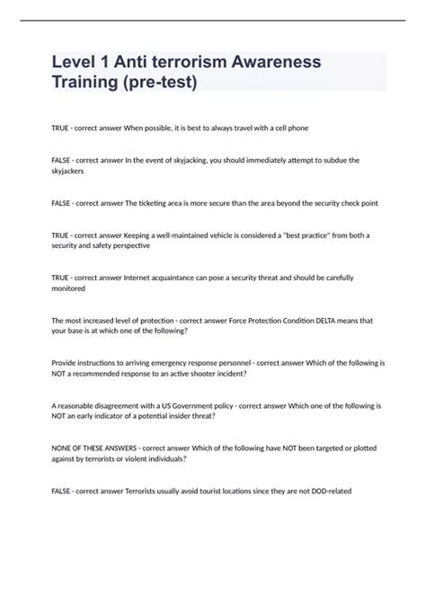 Level 1 Anti terrorism Awareness Training (pre-test)2023/2024 verified ...