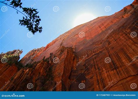 Huge Red Rocks in Zion Canyon National Park, Utah. USA. Wide Shot, Low ...