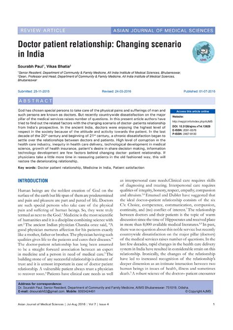 Doctor patient relationship Changing scenario in I - B.A.(hons ...